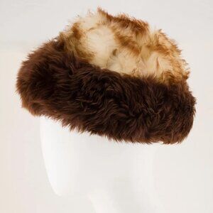 Halper Bros 1970s Vintage Italian Cream & Brown Genuine Sheepskin Fur Winter Hat